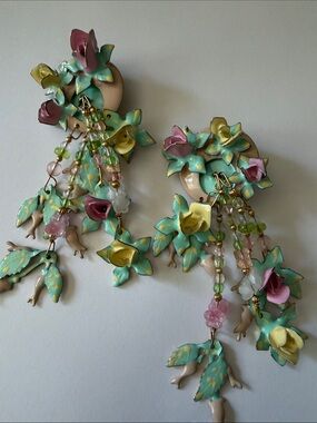 Floral Cascade Statement Earrings - Turquoise, Yellow & Pink